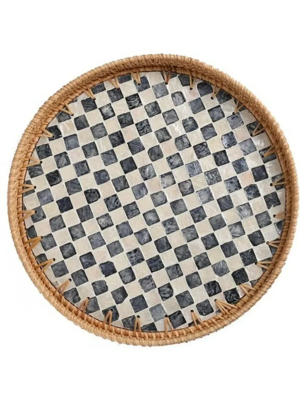 Round Rattan Tray Black Mother of Pearl Inlay Coffee Table Kitchen Decor